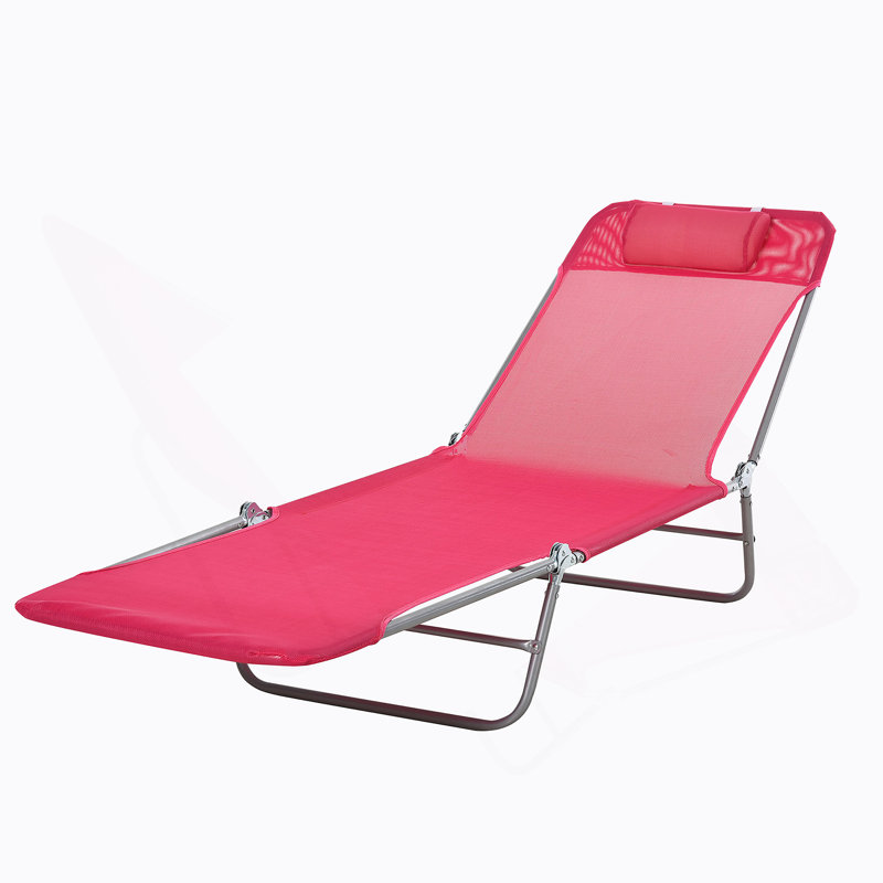 Chaise longue pliante Outsunny, chaise longue de bronzage avec dossier inclinable, siège en filet respirant et appui-tête pour la plage, la cour, le patio, le rose