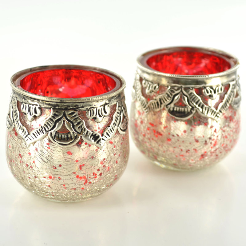 2 Piece Glass Tabletop / Centrepiece Votive Holder Set, Silver/Red