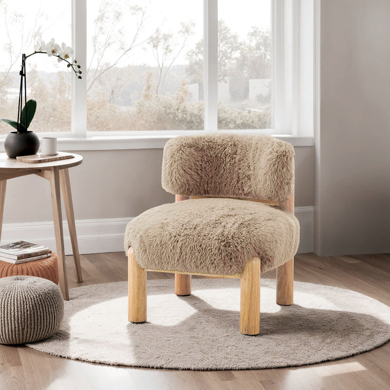Accent Chair Fur Fabric Wooden Legs, Mushroom