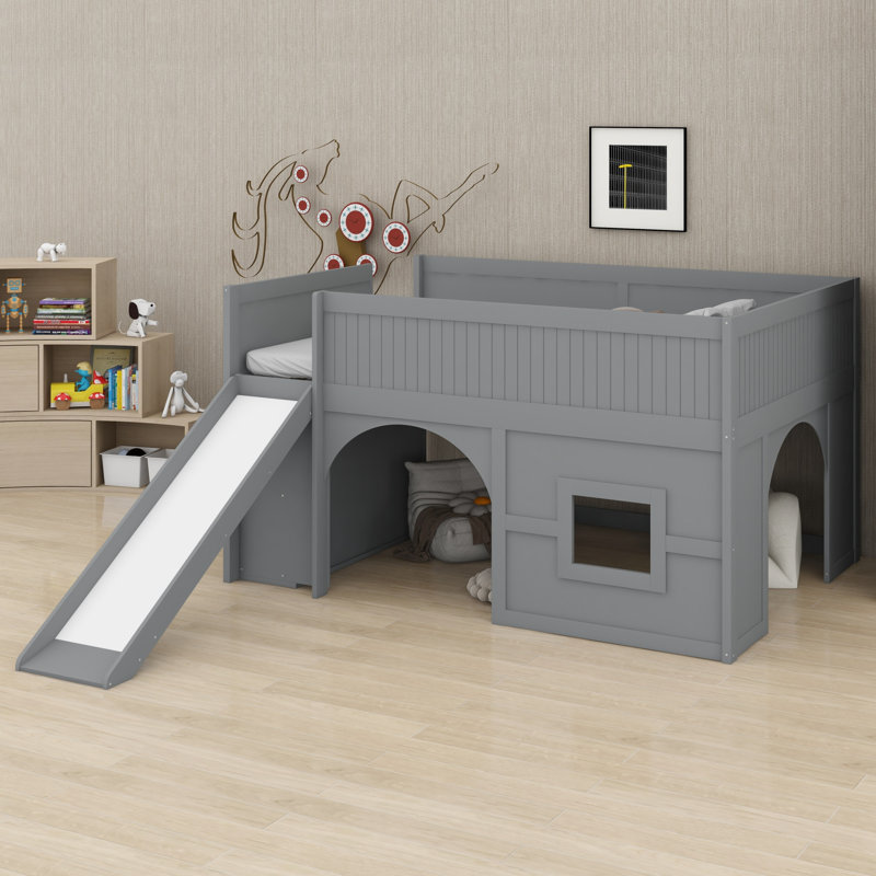Low-Profile Wooden Loft Bed With Slide, Storage Shelves, Gray