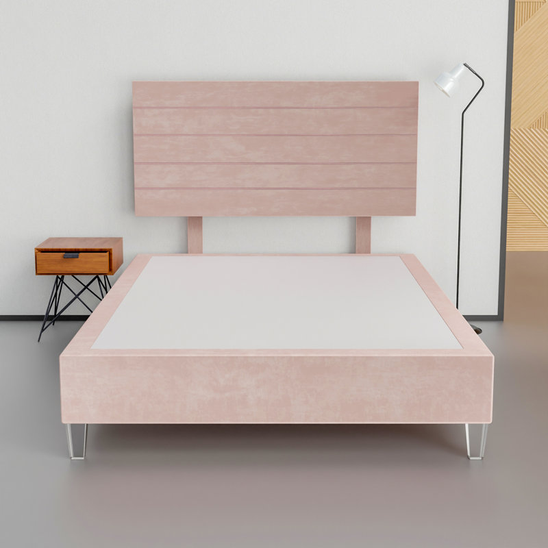 15" Premium Velvet Material Box Spring/Bed Frame With Headboard, Durable & Stylish Acrylic Legs, Super Single, Light Pink