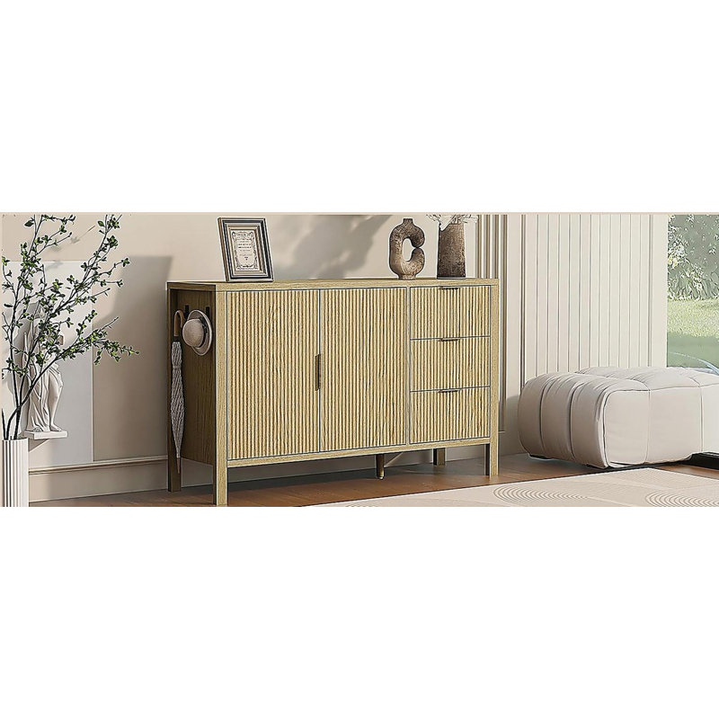 Buffet moderne à motif de vagues avec 3 tiroirs, grande armoire de rangement avec crochets et pieds centraux supplémentaires