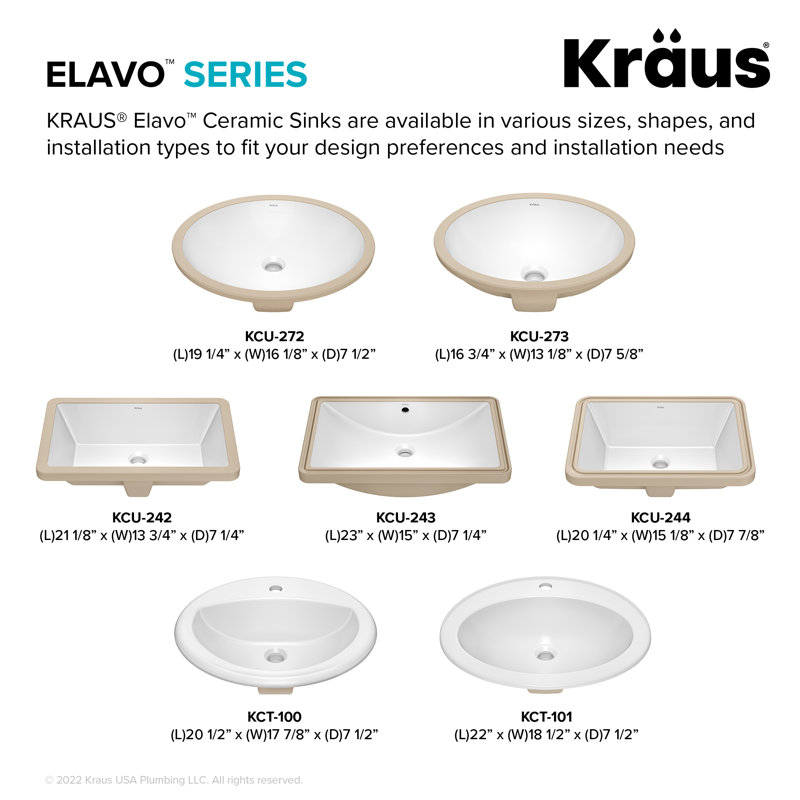 KRAUS Elavo. Lavabo de salle de bain rectangulaire encastré en céramique blanche avec trop-plein, KCU-244