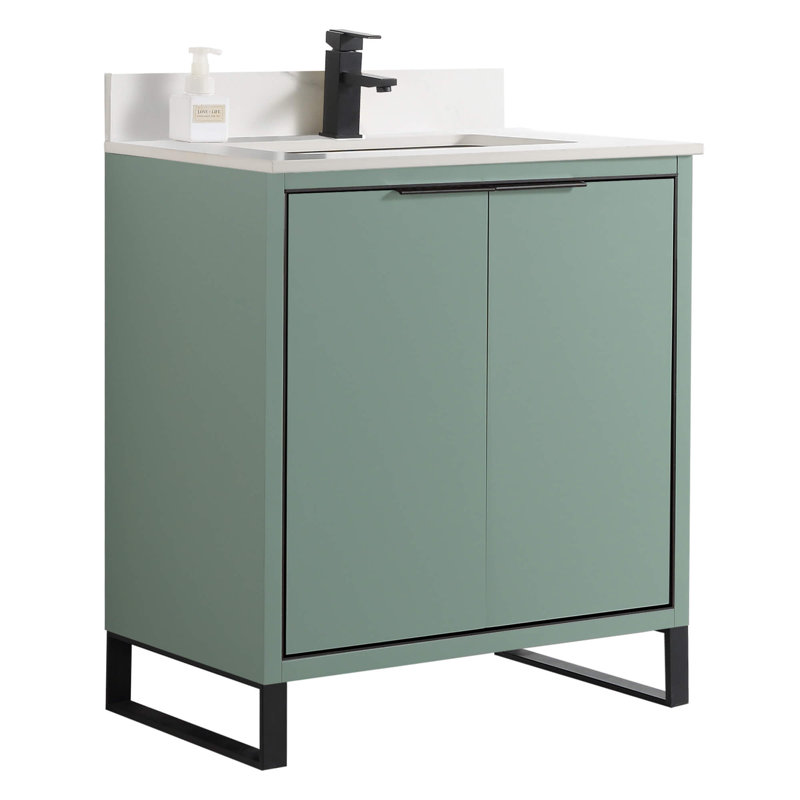 Meuble-lavabo sur pied simple 30 po avec comptoir en pierre Gesell, Vert menthe, Noir mat