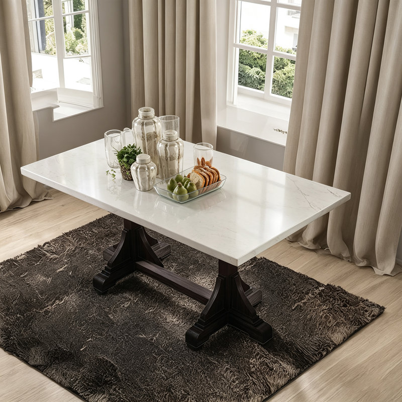 Collection de tables à manger Gerardo de style transitionnel (183 cm) – Plateau en marbre blanc et piètement en X en pin café foncé vieilli – Ensemble de salle à manger polyvalent, à la fois raffiné et décontracté