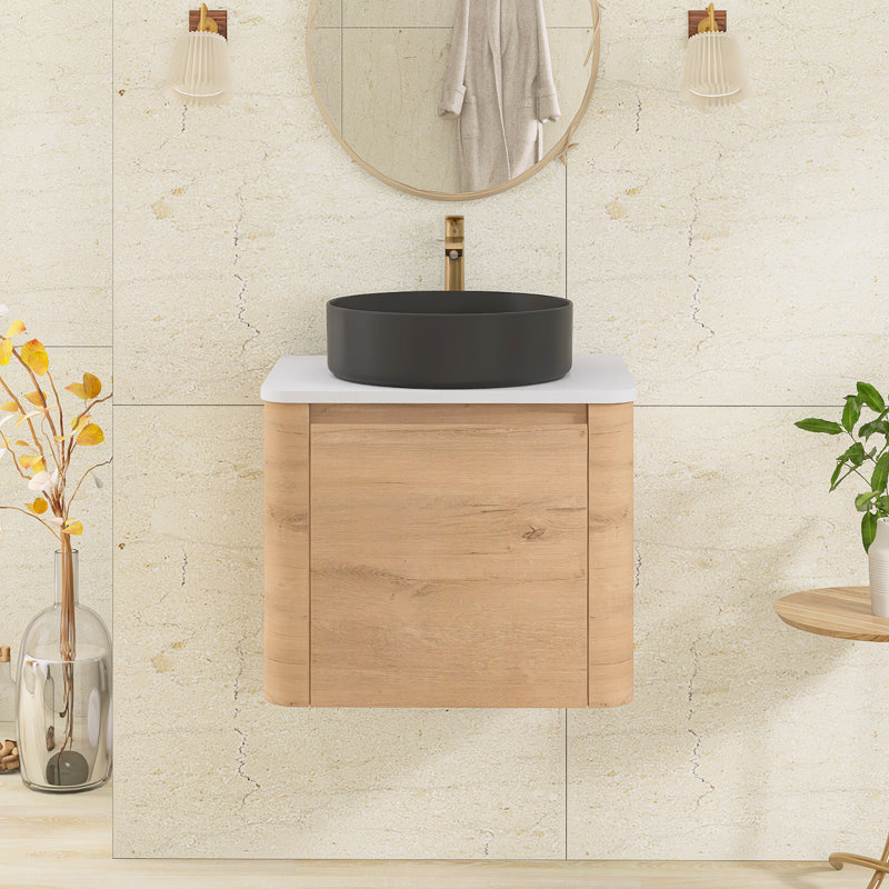 Meuble-lavabo mural simple 23,6 po avec dessus en pierre reconstituée, Imitative Oak