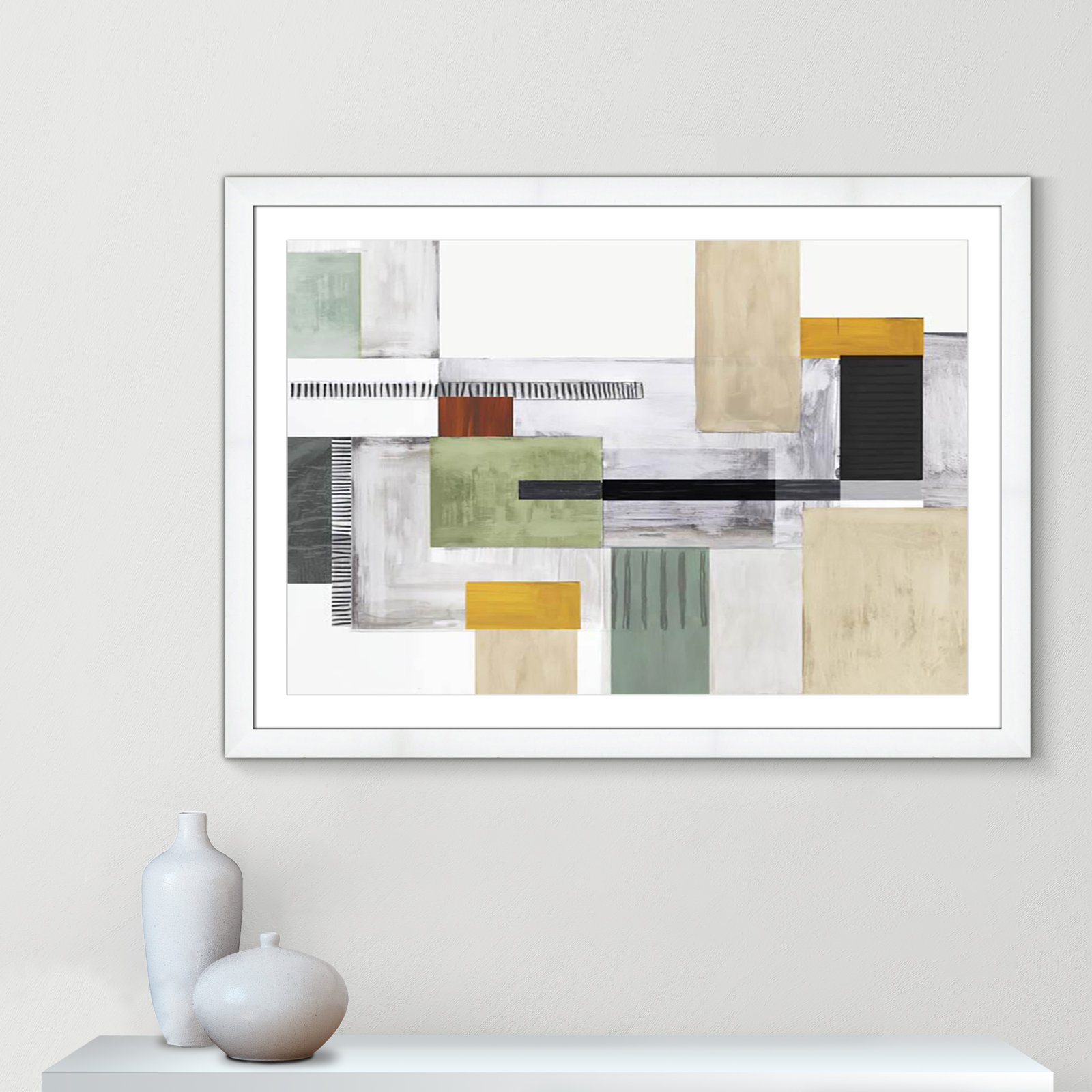 Playful Blocks Print by Tom Reeves, 31" H x 43" W x 1.25" D, White Cube Picture Framed, White