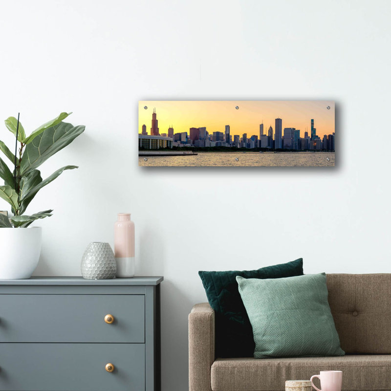 «Chicago Skyline - Golden Hour Sunset Panorama» par Epic Portfolio, art mural en verre acrylique, H 12 po x l 36 po
