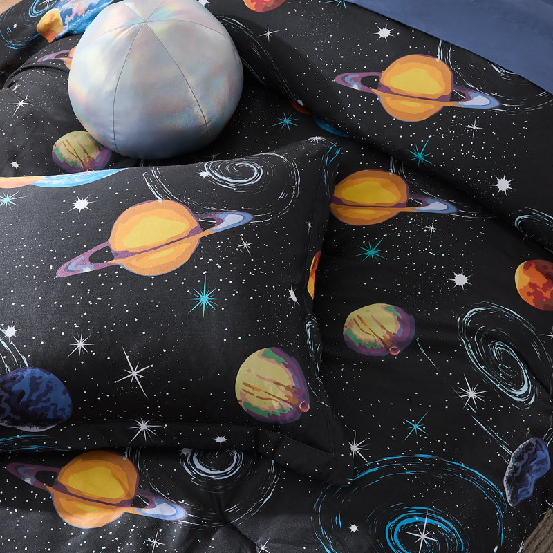 Mysterious Universe Black/Navy Comforter Set,  Twin Comforter + 5 Additional Pieces