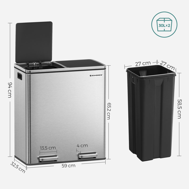 Steel Step On Multi-Compartment Rubbish & Recycling Bin, 60L, Silver