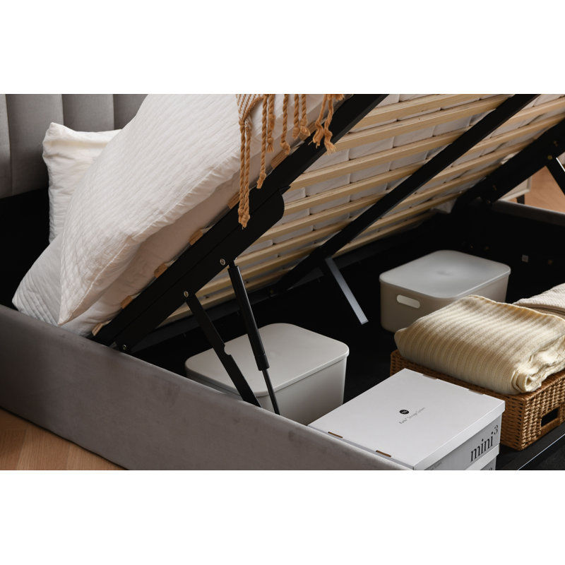 Daizia Lift Up Storage Platform Bed with Wingback Headboard, Cream, King