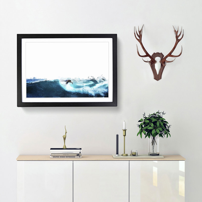 Surfer Riding the Wave in Abstract - Picture Frame Graphic Art Print, 62cm H x 87cm W x 2cm D, Black Framed