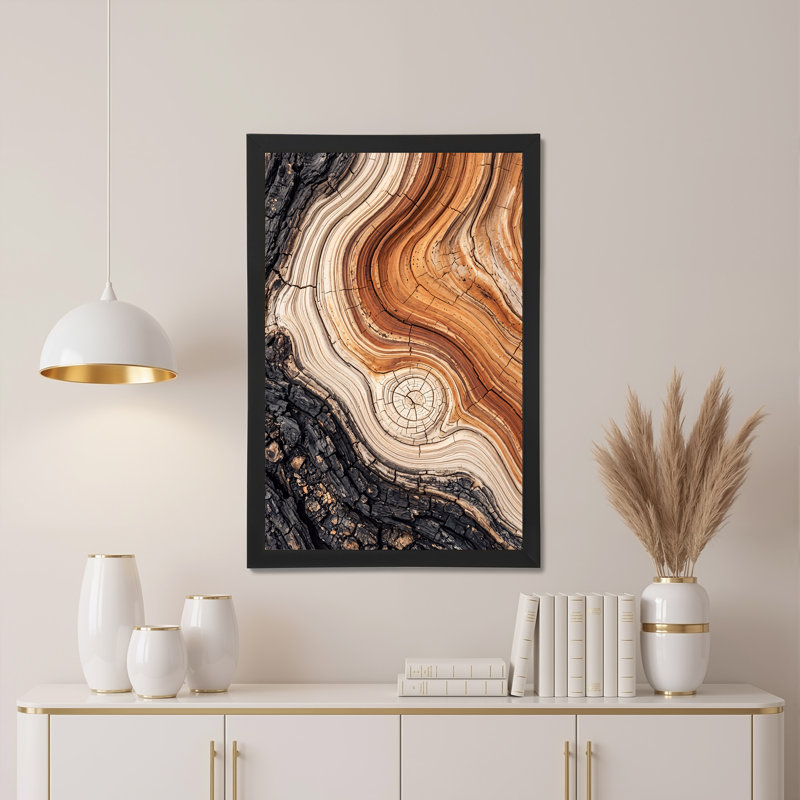 Art mural sur toile brun et noir avec anneaux d'arbre ondulé et écorce carbonisée, 30"H x 20"W