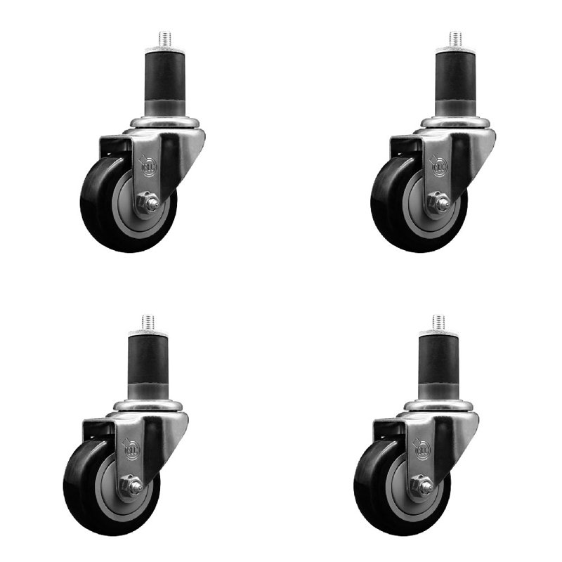 Ensemble de roulettes extensibles pivotantes en polyuréthane de 3 po à 1/5/8 po 3 pouces SS, Noir