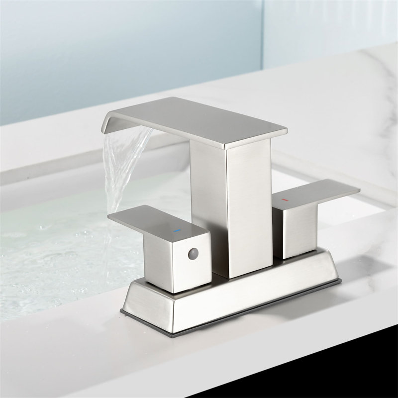 4-Inch Centerset Bathroom Faucet With Pop-Up Drain 3 Hole Waterfall Bathroom Sink Faucets Modern Stainless Steel Double Handle Bathroom Vanity Taps