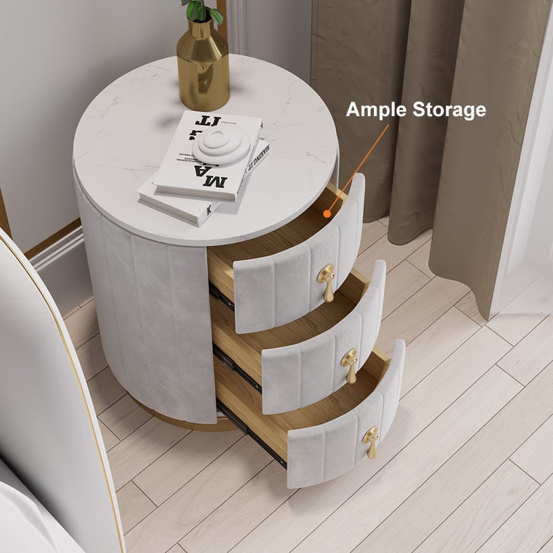 Gray 3 Drawers Velvet Round Nightstand With Sintered Stone Top, Gray