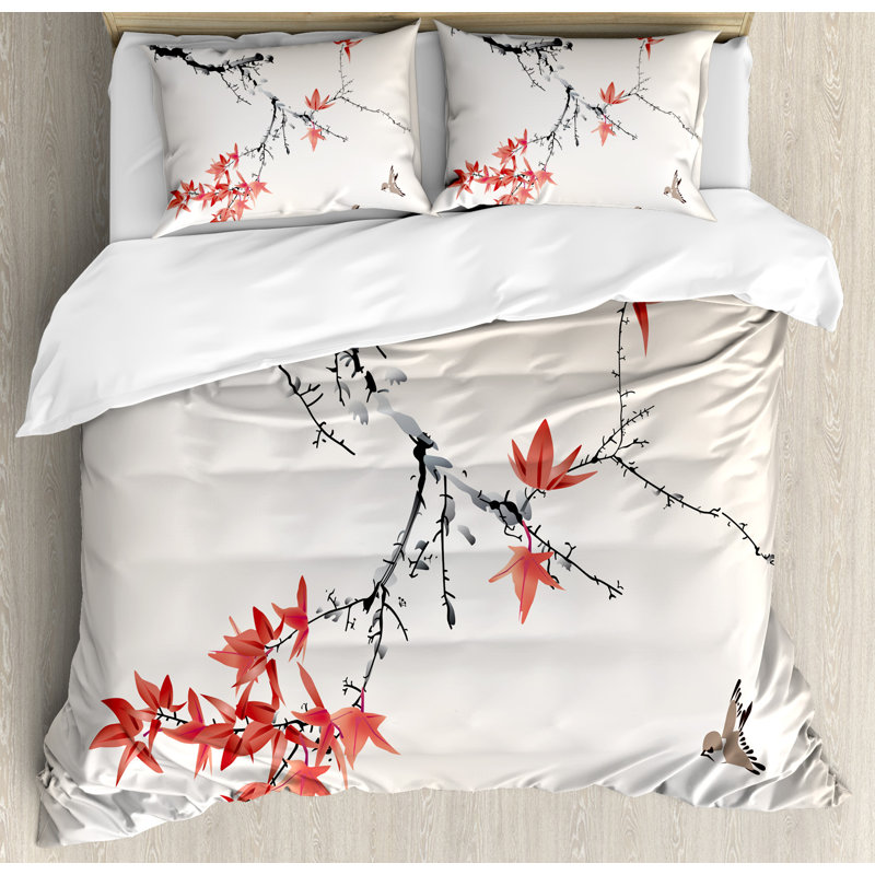 King Size Coral and Black Floral Duvet Cover Set
