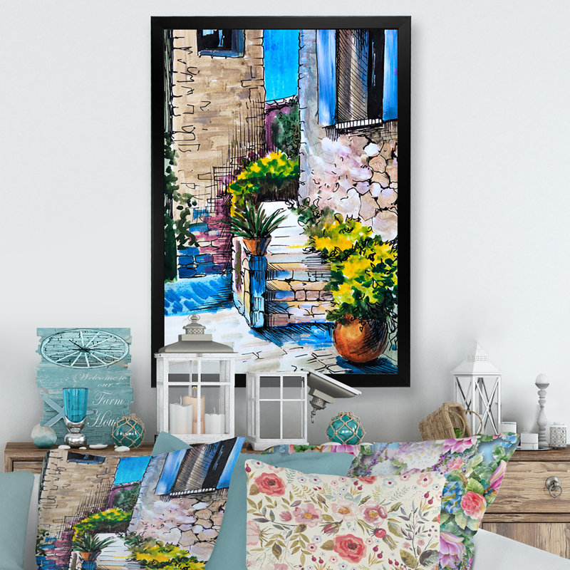Fleurs colorées dans la maison méditerranéenne Xi - Peinture, Cadre photo noir, H 20 po x l 12 po