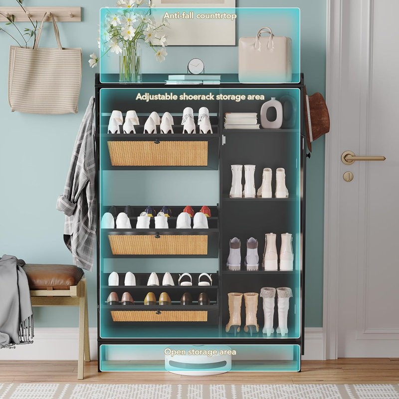 3 Tier Shoe Cabinet With Natural Rattan Flip Drawers, Free Standing Shoe Storage Organizer With Adjustable Shelves, Black