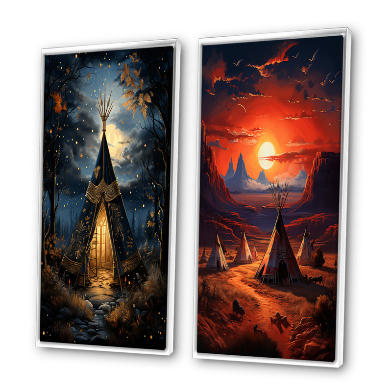 «Blue Native Tipi Celestial Connections», 2 pièces, H 24 po x l 20 po, Cadre blanc