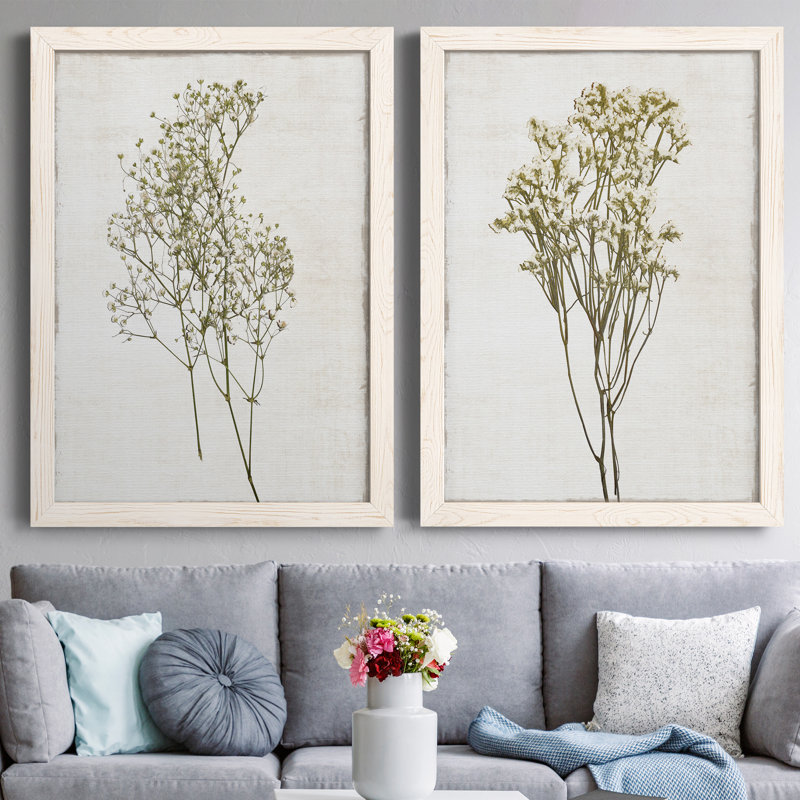 Farmhouse Pressed Flower I - Ensemble de 2 peintures sur toile encadrées, H 31,5 po x l 47 po x P 1,5 po, Cadre blanc