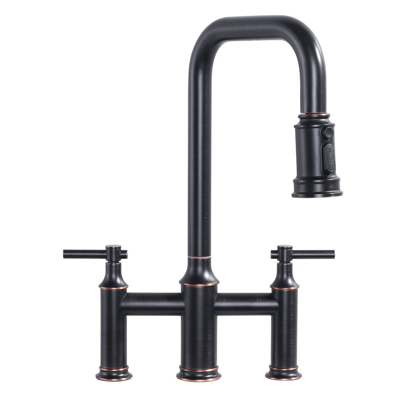 Robinet de cuisine pont à deux poignées avec bec pivotant à 360 degrés bronze huilé pivotant, Bronze frotté à l'huile
