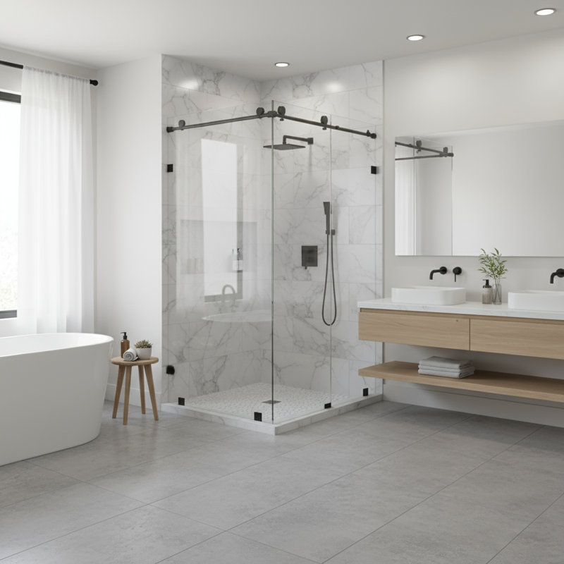 57"-60" W x 76" H Sliding Frameless Shower Door with 3/8-in (8mm) Tempered Glass Stainless Steel Hardware, Black