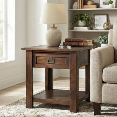 Wyandotte Monroe 22"W Solid Acacia Wood Rustic End Table with Drawer and Shelf