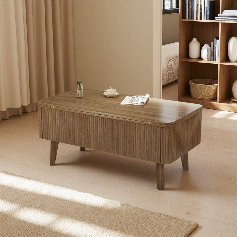 Table basse à plateau relevable 3 en 1, tables basses convertibles cannelées convertibles en tables de salle à manger, table de centre ovale moderne en bois avec rangement pour le petit bureau du salon
