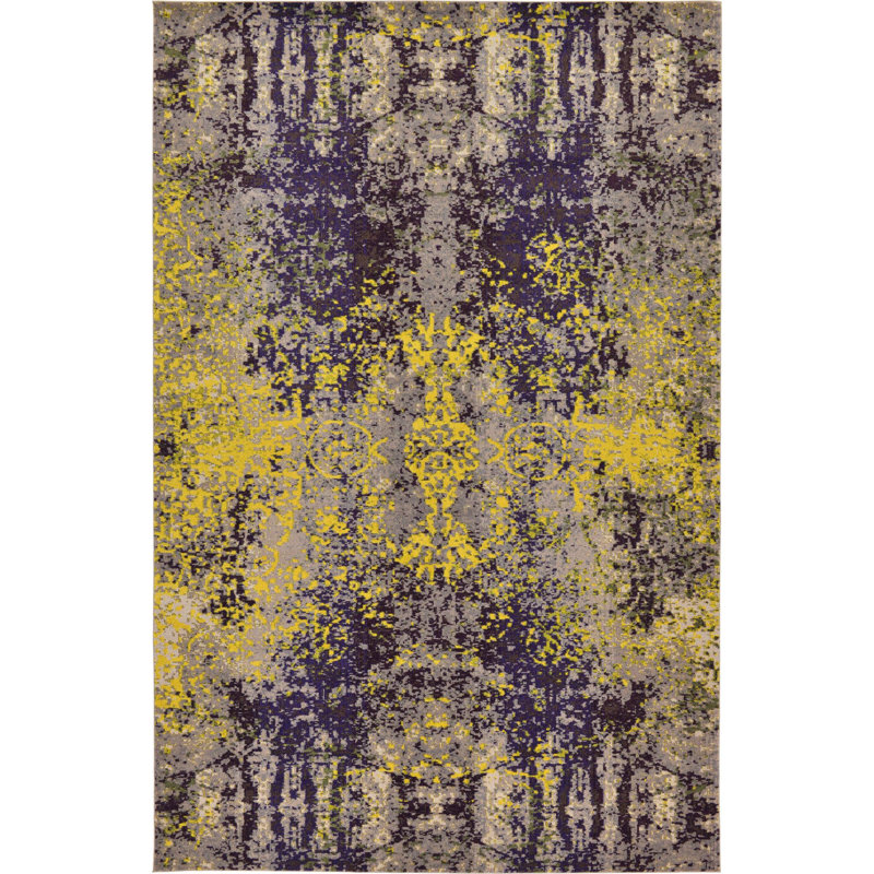 Tapis abstrait jaune / gris / mauve Eddins, Rectangle 7 pi 1 po x 10 pi