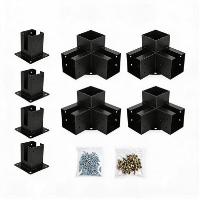 Powder-Coated Steel Pergola Bracket Kit for 4x4 Wood – Rust-Proof 3-Way Corner & Base, DIY Gazebo & Patio Hardware – Black, with 4 Tees, 4 Straight Connectors, Screws, Size: 4x4