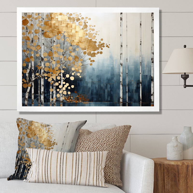 Minimalisme bleu et forêt dorée - art mural forêt, H 16 po x l 32 po x P 1 po, Cadre simple blanc