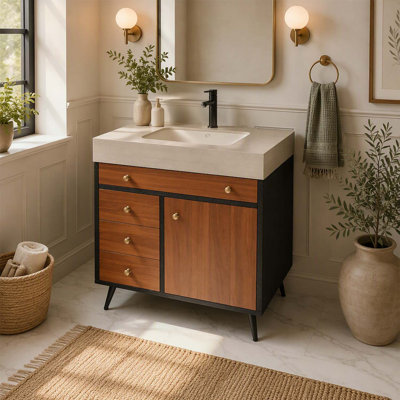 Meuble-lavabo moderne sur pied avec lavabo en céramique et comptoir en pierre frittée résistante, grand espace de rangement et installation facile