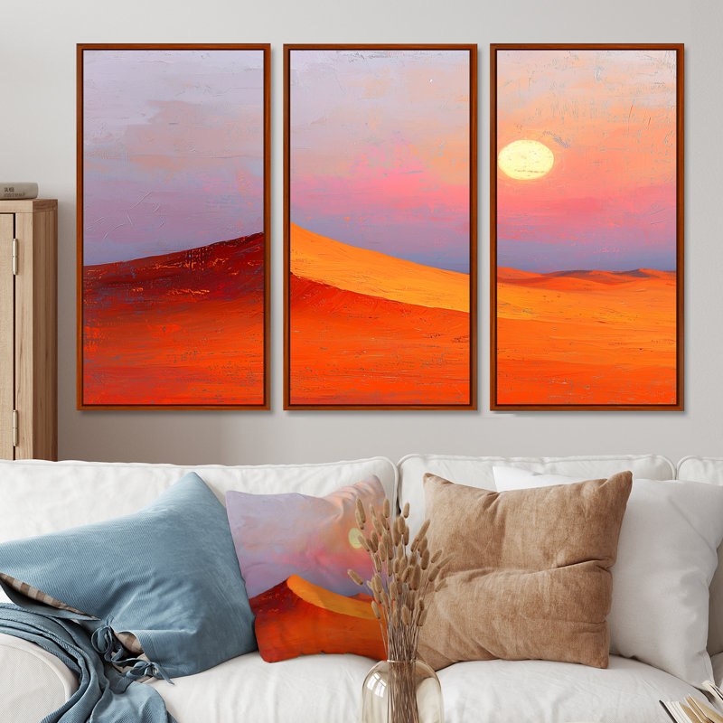 «Orange Sunset In The Sahara - Desserts», ensemble d'art mural, Toile avec cadre flottant brun, H 32 po x l 48 po x P 1 po