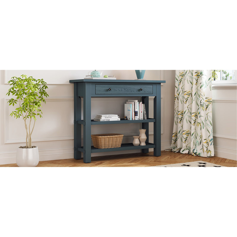 Retro Console Table With Drawer And Two Sturdy Shelves For Entryway, Living Room, Navy
