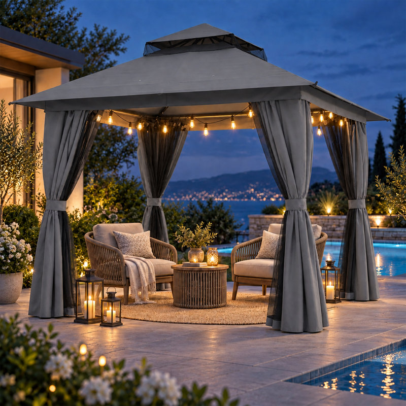 8 x 8 Ft Soft Top Patio Gazebo with 2-Tier Roof, Mosquito Netting and Privacy Curtains, Galvanized Steel Outdoor Canopy for Backyard Deck and Garden