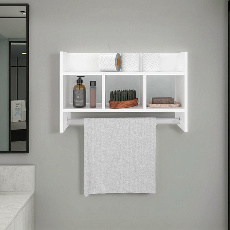 Bathroom Wall Shelf With Towel Bar, Compact Storage With A Wide Upper Shelf, Three Comapct Middle Shelves And Towel Holder For Bathroom Organizer