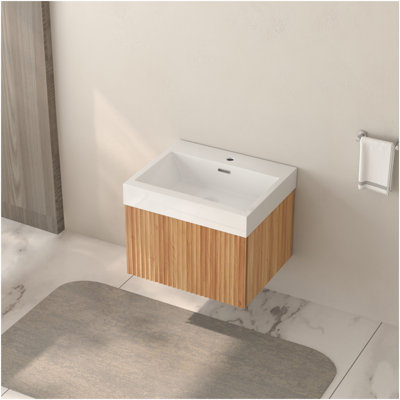 Meuble-lavabo mural de 24 po avec lavabo, armoire de salle de bain flottante murale avec finition en contreplaqué de bassin intégré, design minimaliste moderne pour salle de bain compacte, couleur acacia