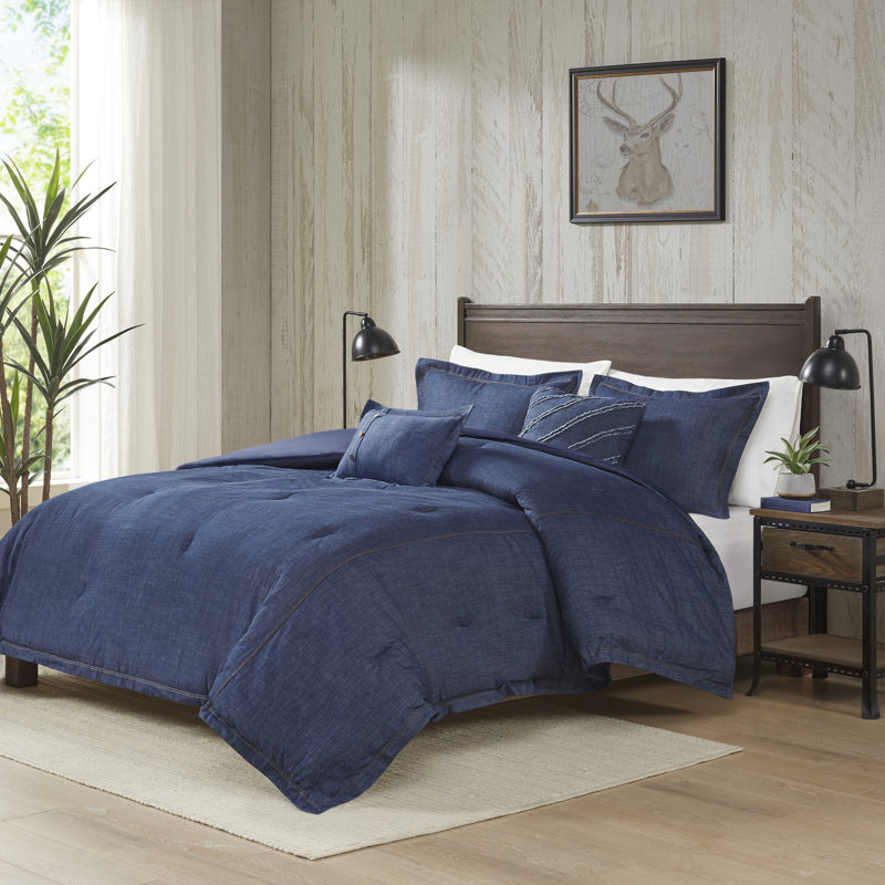 Blue Cotton King Bedspread Set with Button Detail