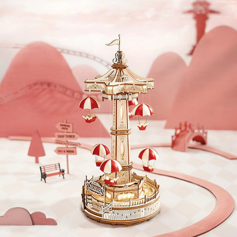 ROKR Magic Amusement Park Parachute Tower Wooden Toy DIY Music Box Moveable 3D Wooden Puzzle For Kids Gifts For Christmas