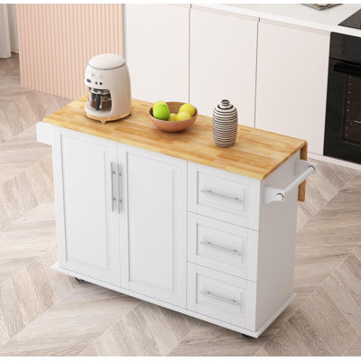 Spacious Kitchen Island Cart - 43.31 Inches Wide! 2-Door Cabinet, 3 Drawers, and Included Spice & Towel Racks