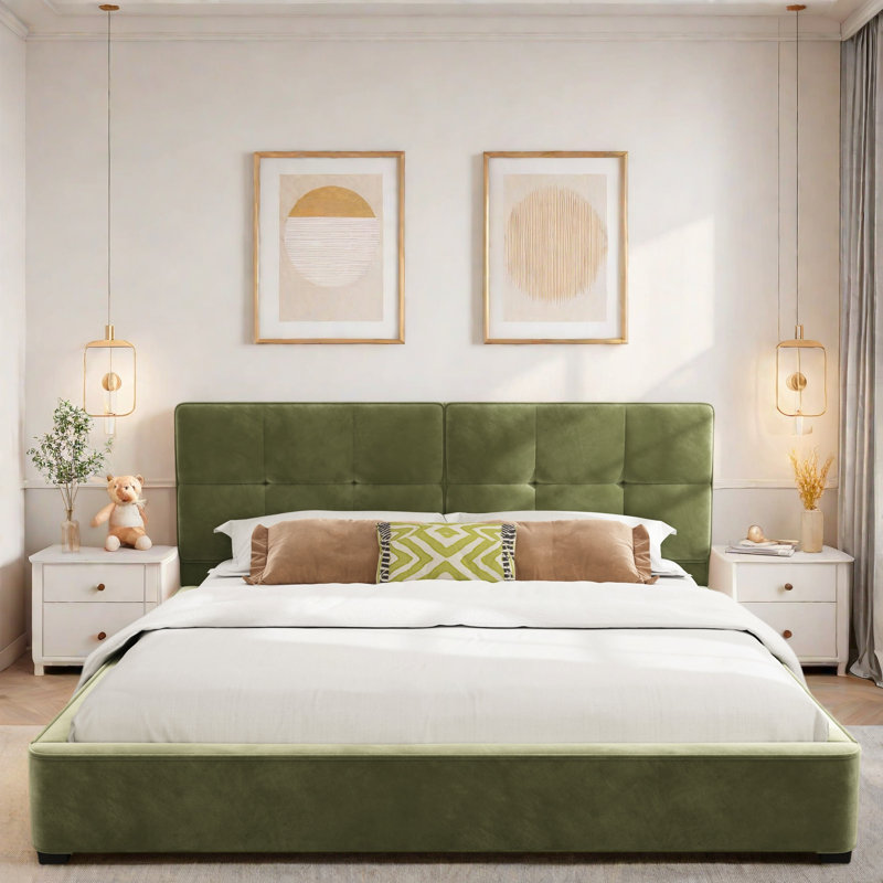 Upholstered Platform Bed With Curved Tufted Headboard, Soft Square Corners
