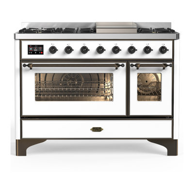 Cuisinière à double combustible de 48 pouces avec 5 brûleurs scellés de la série Majestic III et plaque chauffante en blanc (gaz naturel, garniture brunie)