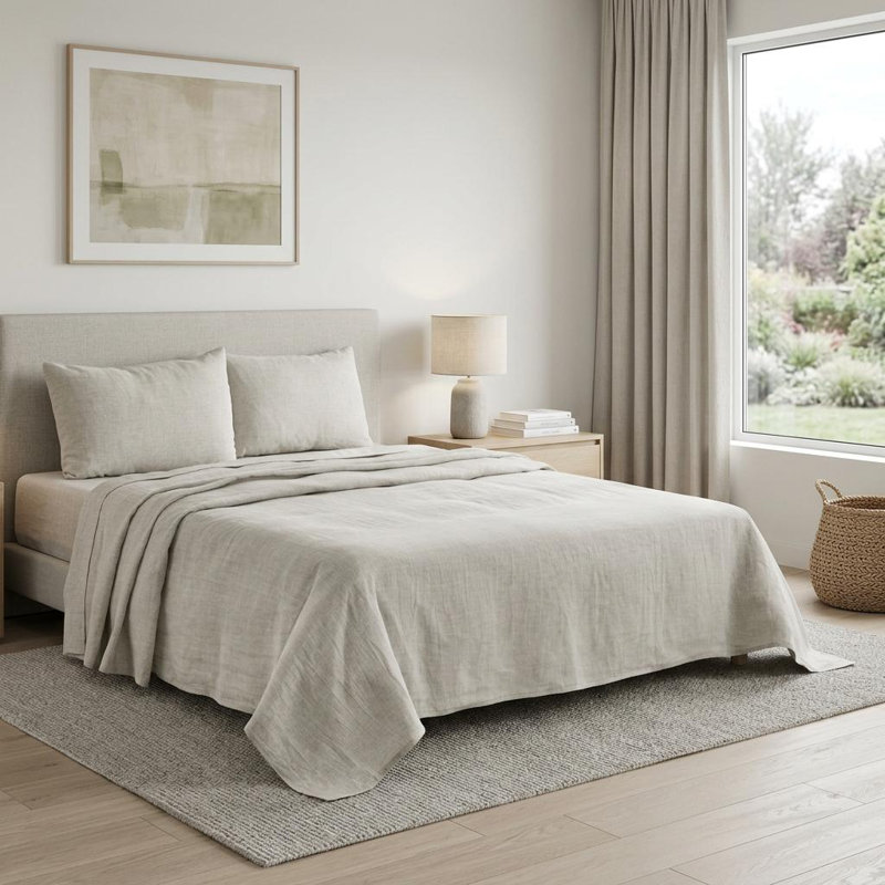 Ensemble de draps en lin gris clair quatre pièces, Ensemble de draps pour très grand lit