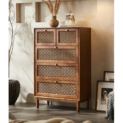 Traditional Style Solid Wood Five-Drawer Rattan Woven Feature Cabinet