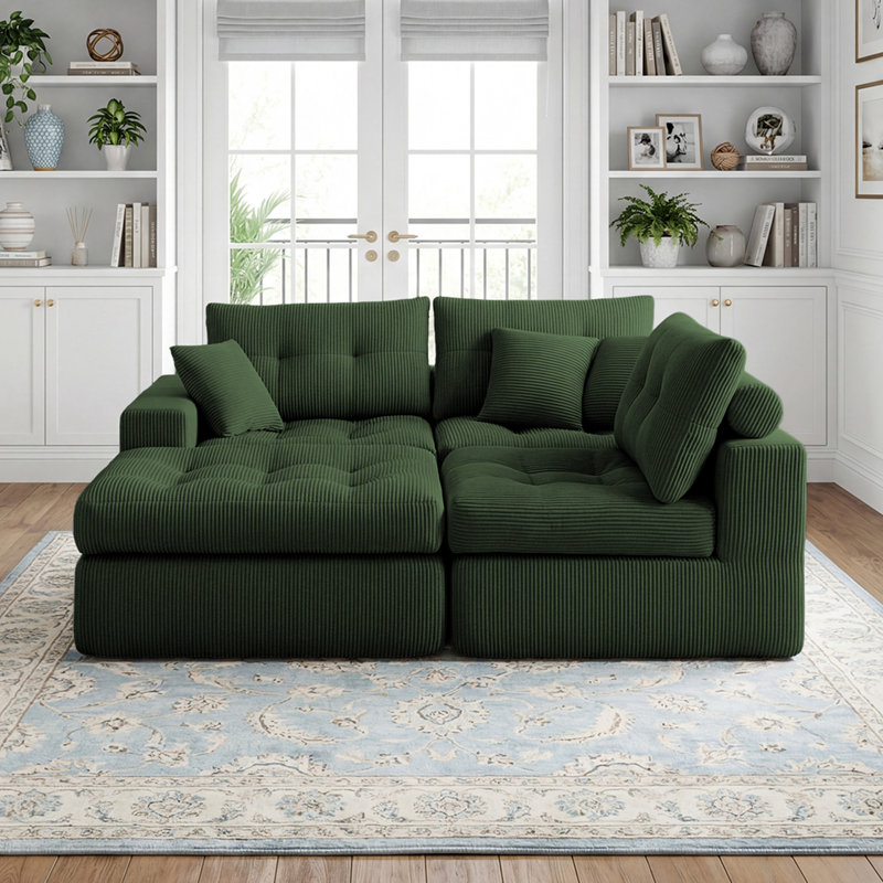 Canapé-lit modulaire en L Corduroy, Vert foncé