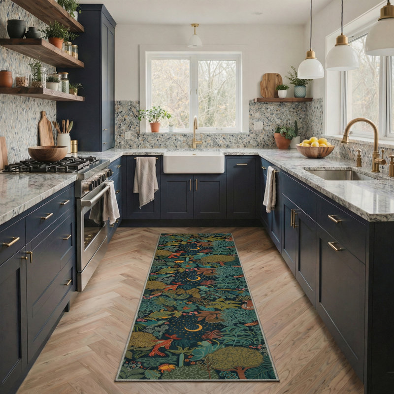 Tropical Jungle Creatures Machine Washable Teal Indoor Area Rug With Non-Slip Backing, Runner 2'3" x 6'