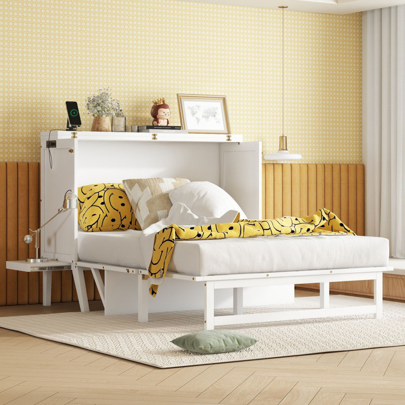 Solid Wood Murphy Bed with Build-In Charger and Removable Shelves, White, Full / Double