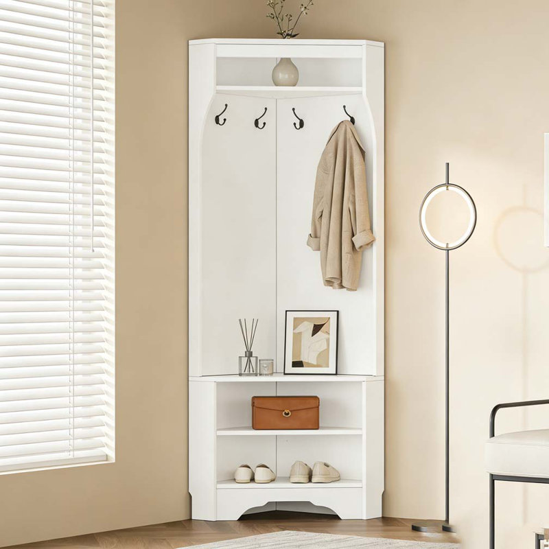 Minimalist Corner Hall Tree with Shoe Bench, White