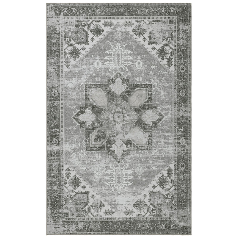 DeBary Oriental Dark Sage/Ivory Area Rug, Rectangle 5' x 8'